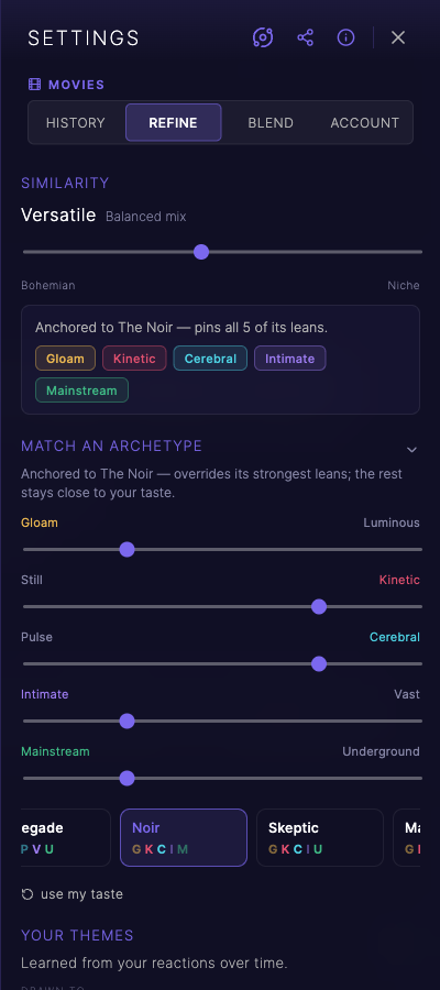 Anchor recommendations to one of 32 archetypes via facet sliders