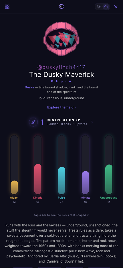 Personality profile — The Dusky Maverick, with five taste axes and defining picks