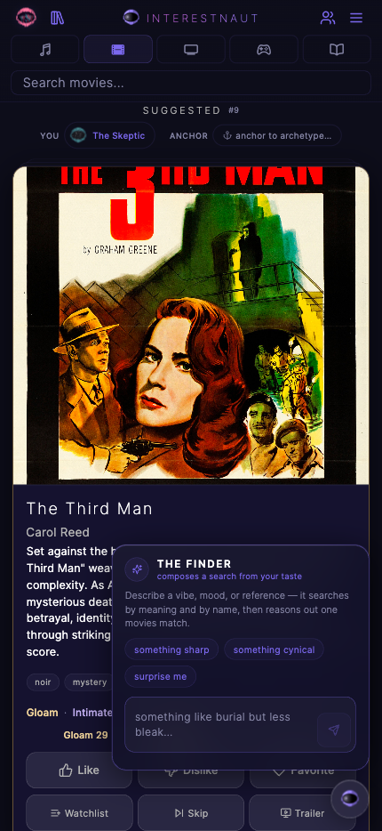 The finder — describe a vibe, mood or reference and it composes a search