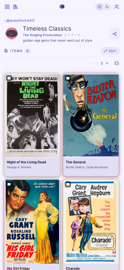 A public-domain film list laid out as a grid, with its own archetype