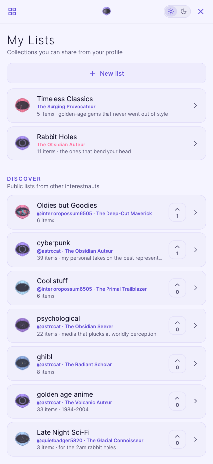 Discover and upvote public lists from other interestnauts