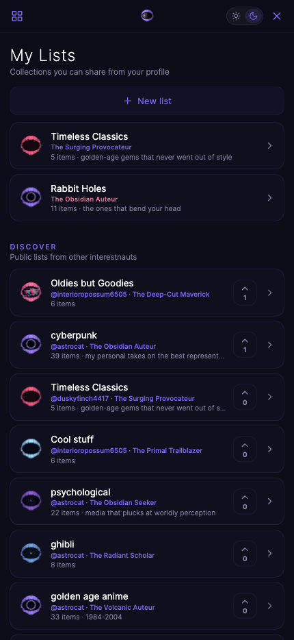 Discover and upvote public lists from other interestnauts