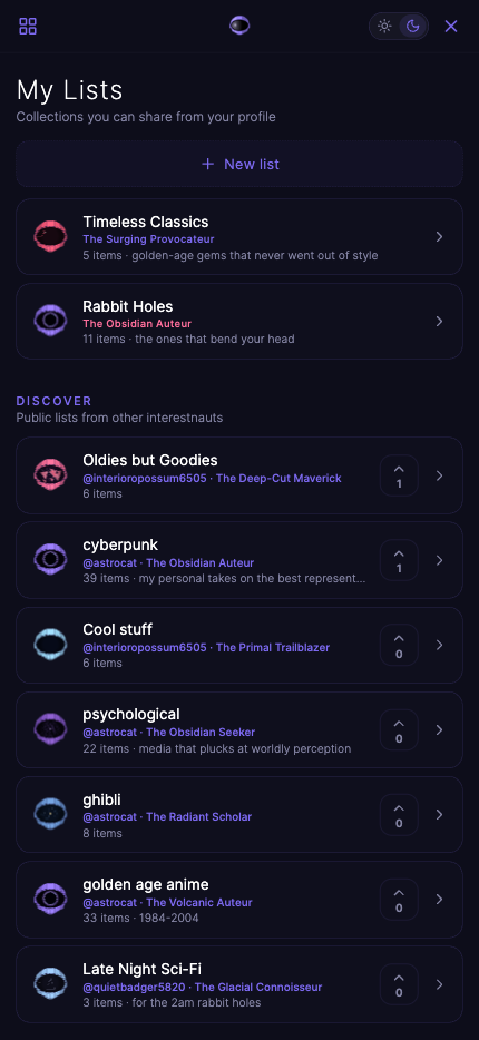 Discover and upvote public lists from other interestnauts