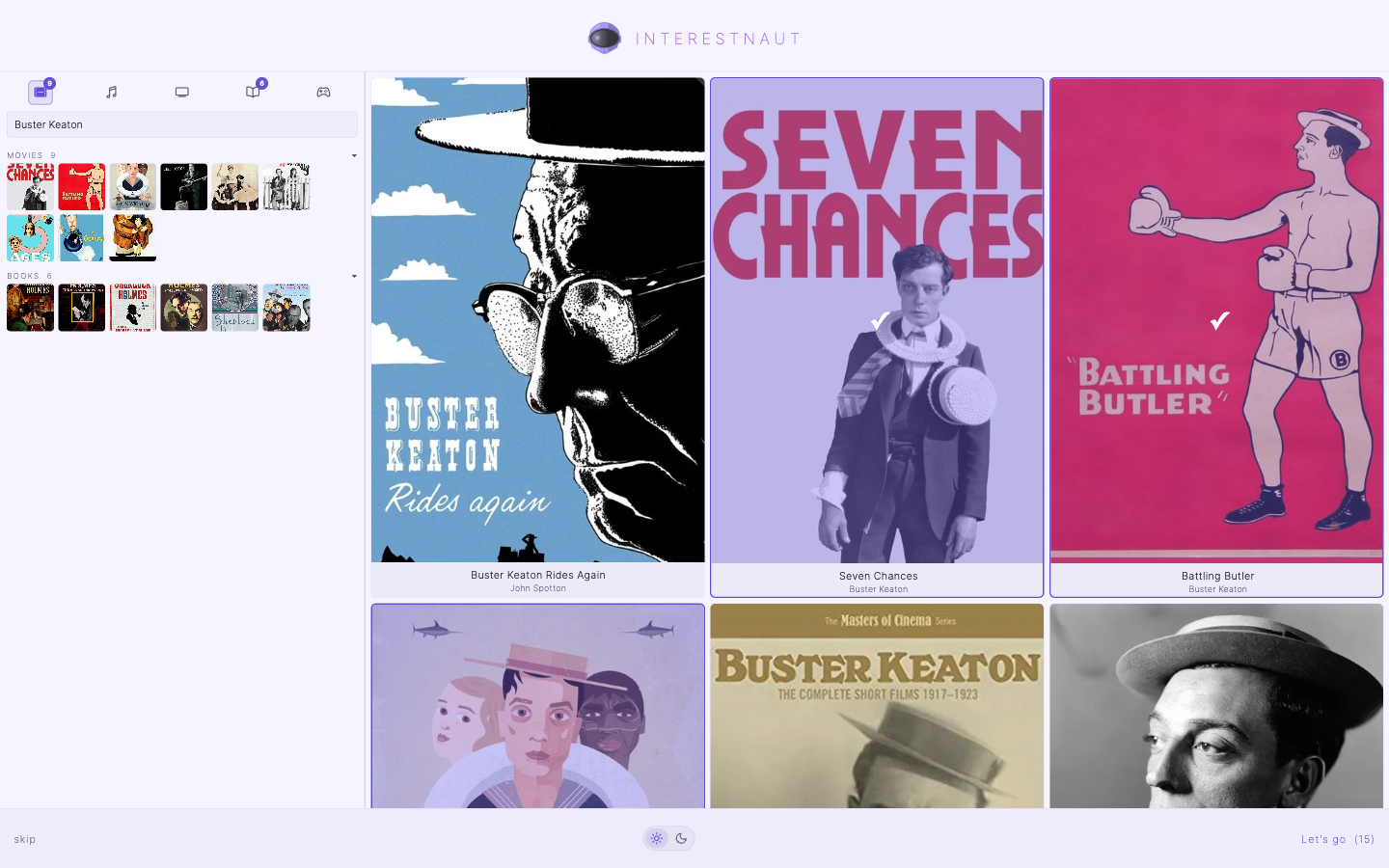 Onboarding — favorite films and books accumulating in the sidebar as you tap