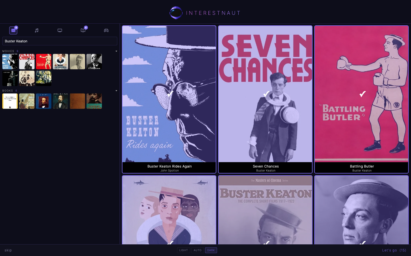 Onboarding — favorite films and books accumulating in the sidebar as you tap